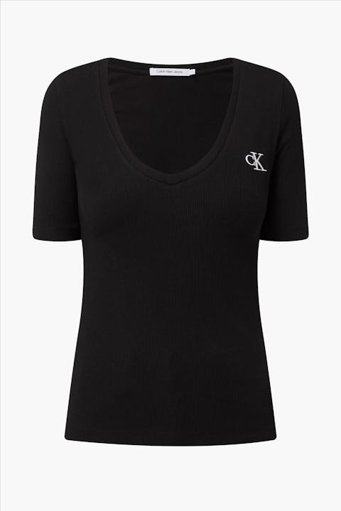 Calvin Klein Jeans - Zwarte Logo Fijn Ribbel T-shirt