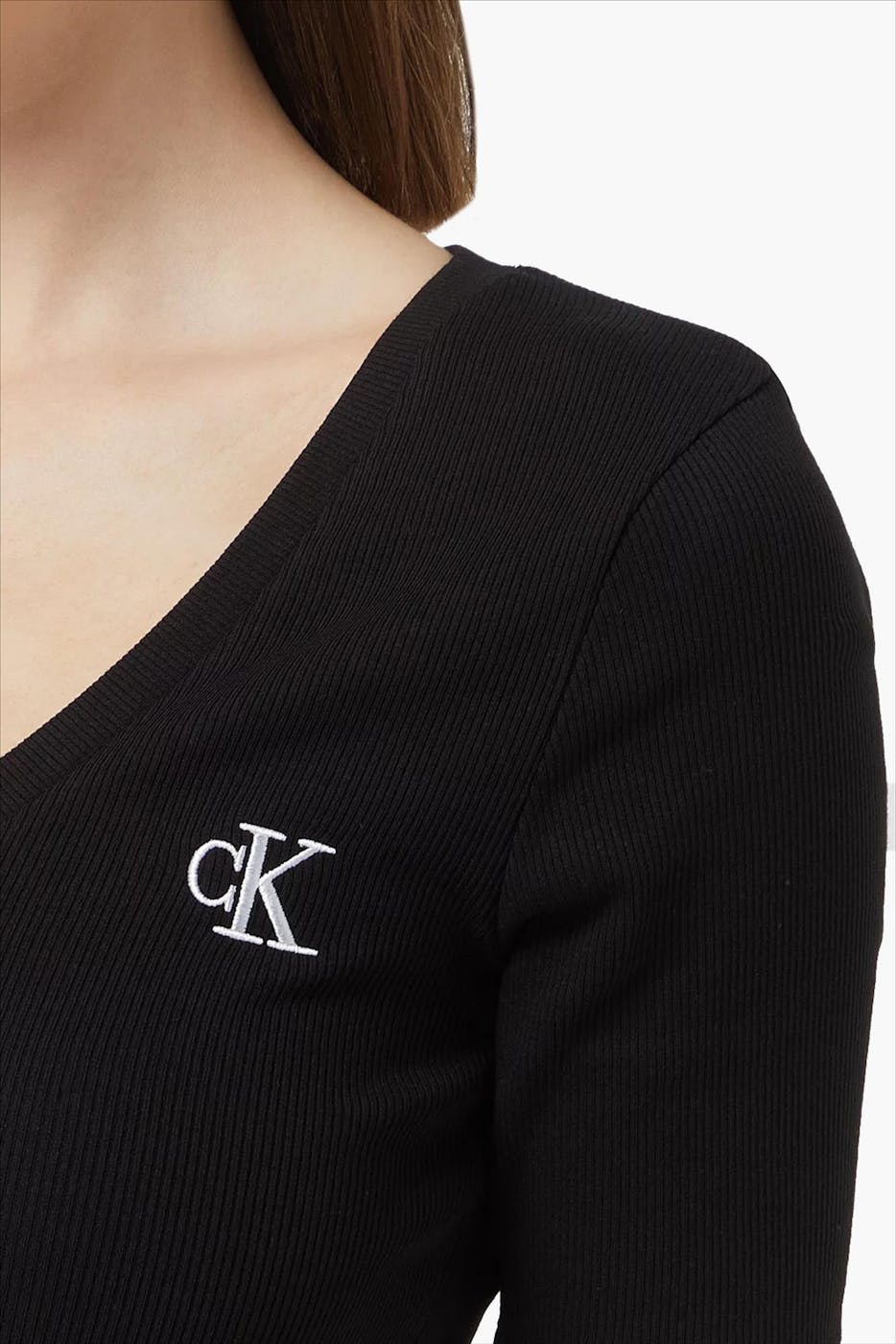 Calvin Klein Jeans - Zwarte Logo Fijn Ribbel T-shirt