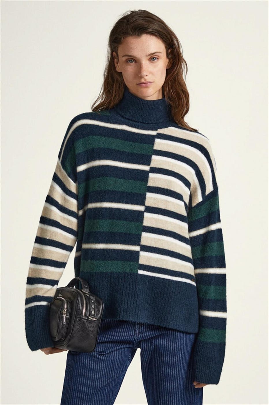 Pepe Jeans London - Donkerblauw-ecru Striped Turtleneck trui