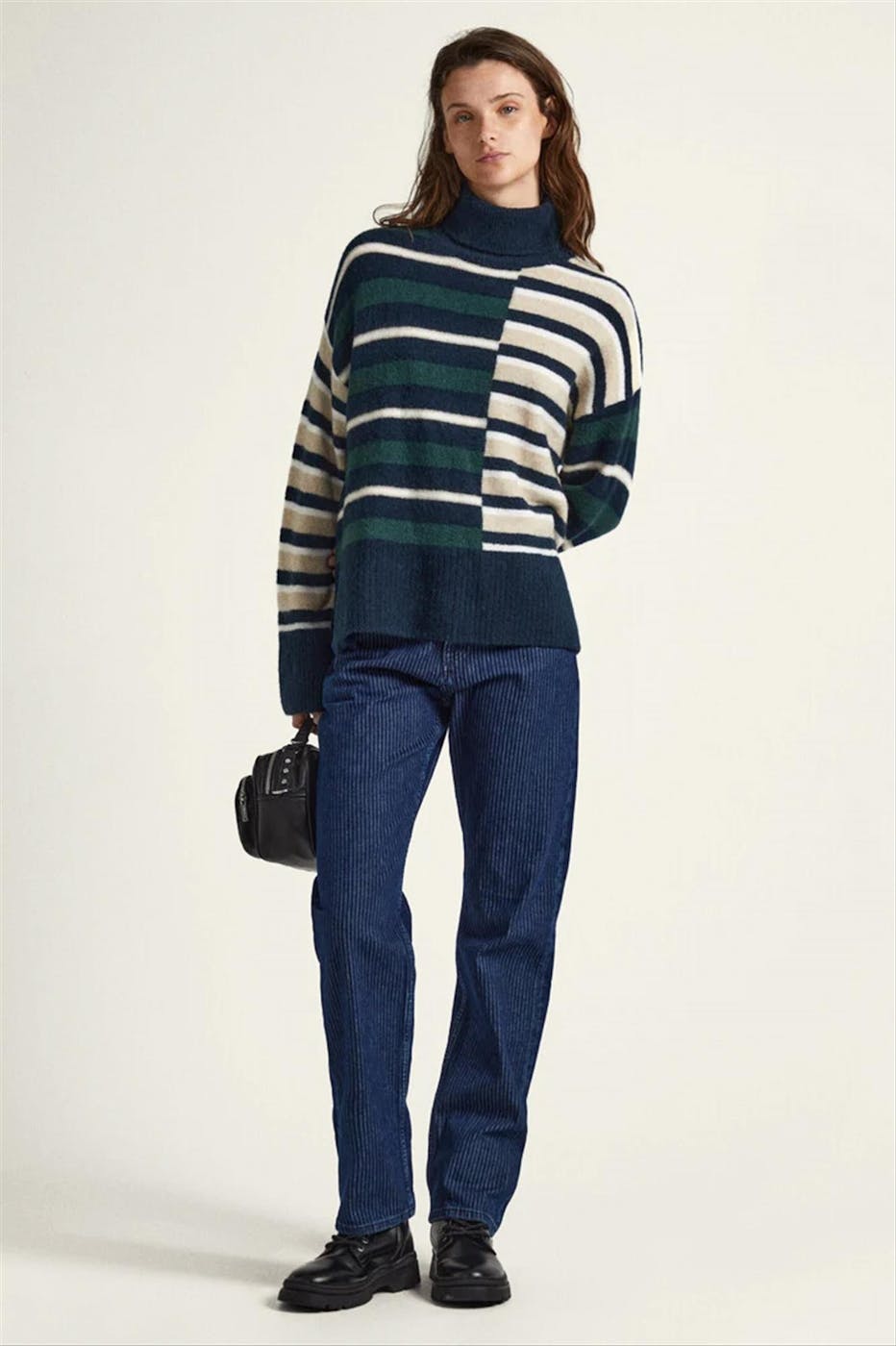 Pepe Jeans London - Donkerblauw-ecru Striped Turtleneck trui