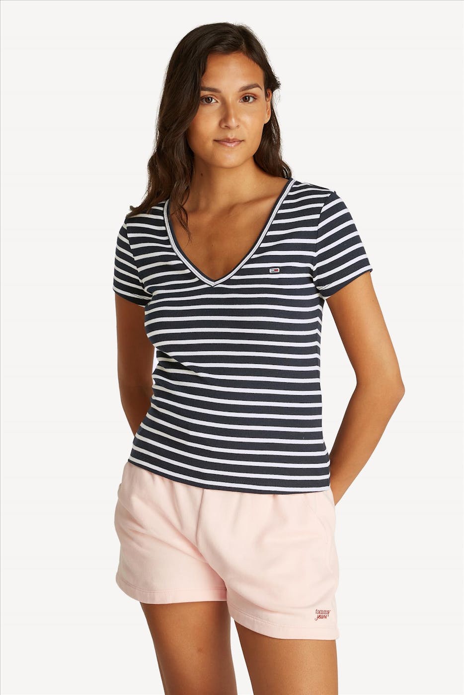 Tommy Jeans - Donkerblauw-Witte Essential V Rib T-shirt