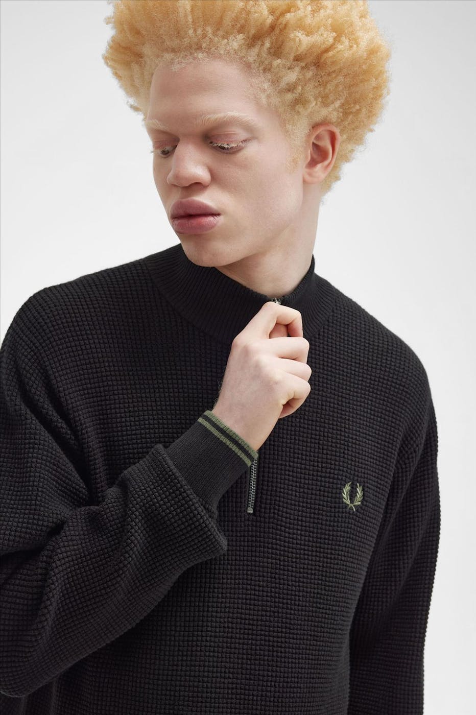 Fred Perry - Zwarte Waffle Stitch half zip trui