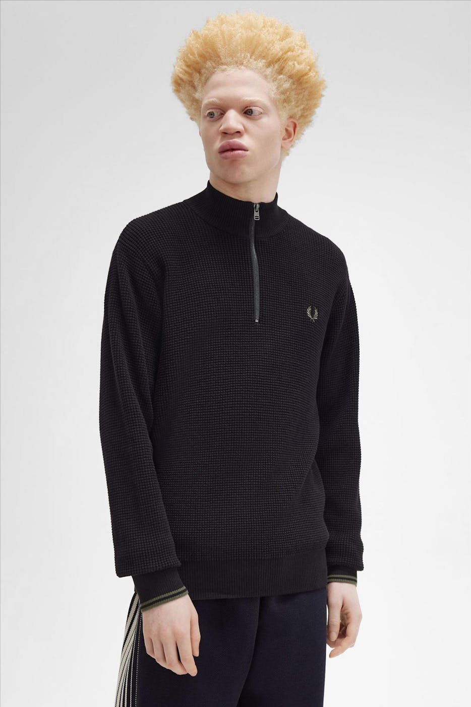 Fred Perry - Zwarte Waffle Stitch half zip trui