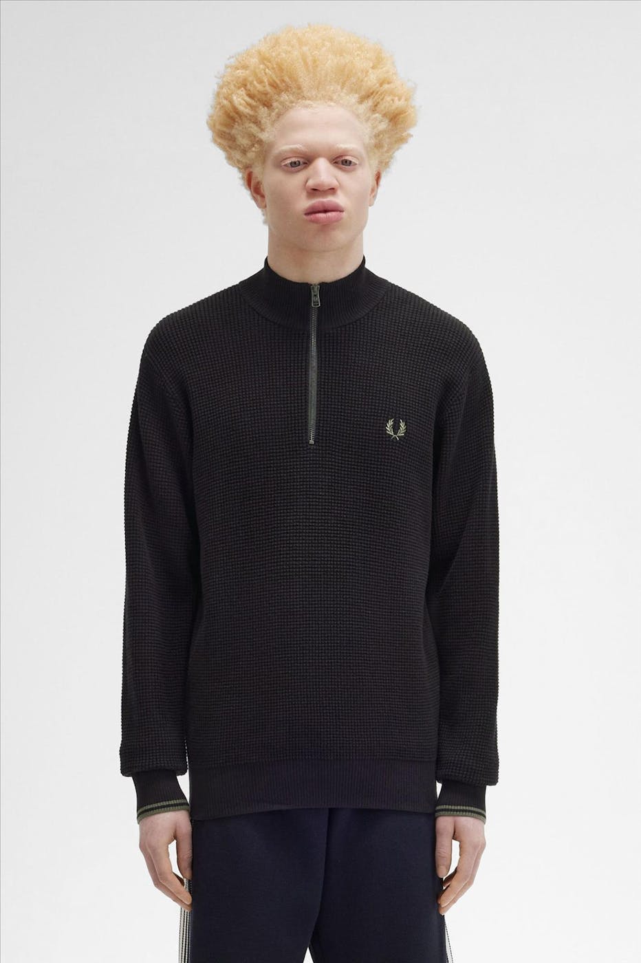 Fred Perry - Zwarte Waffle Stitch half zip trui
