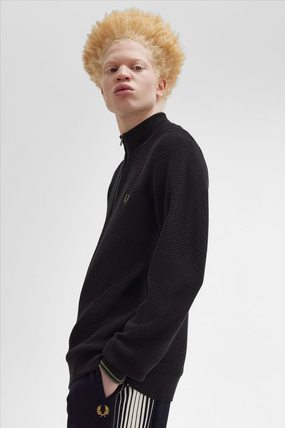 Fred Perry - Zwarte Waffle Stitch half zip trui