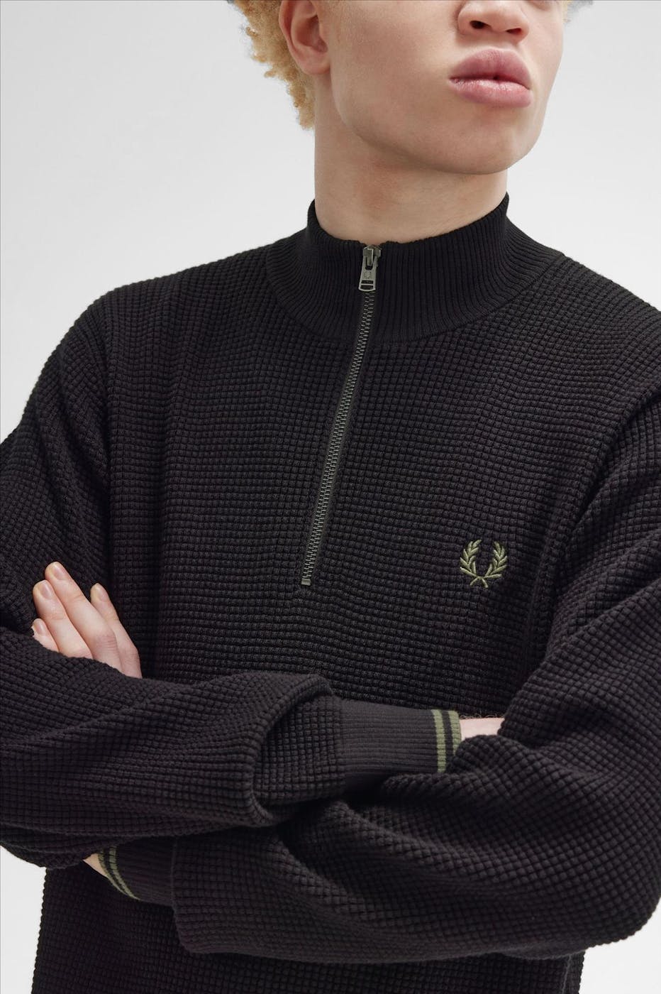 Fred Perry - Zwarte Waffle Stitch half zip trui