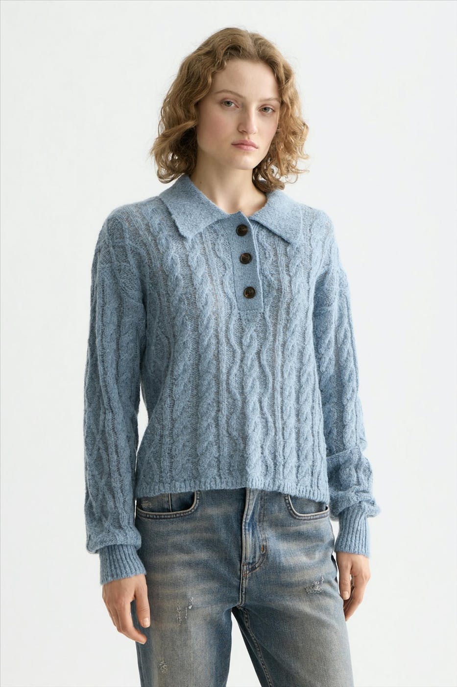 Scotch & Soda - Blauwe Cable Stitch Polo Neck trui