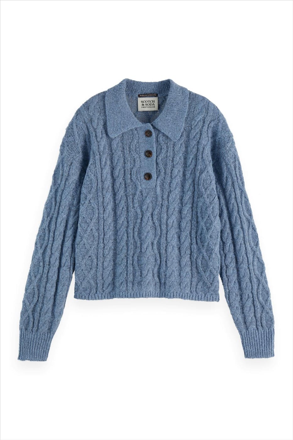Scotch & Soda - Blauwe Cable Stitch Polo Neck trui