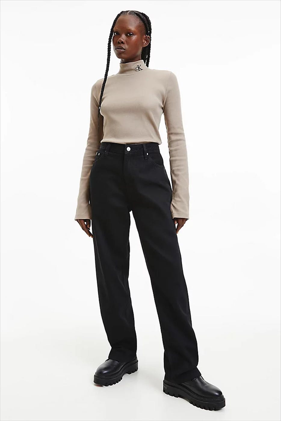 Calvin Klein Jeans - Beige Smal Geribbelde Col T-shirt